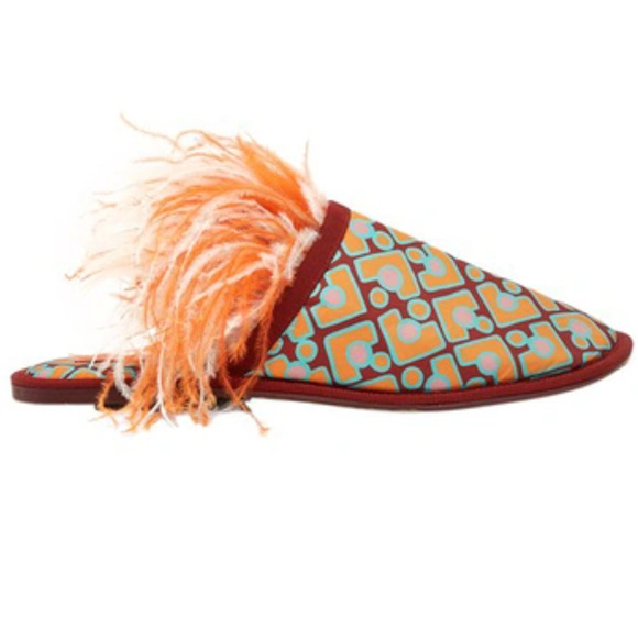 La Double J Boudoir Slipper Puzzle Bordeaux Faille Ostrich Feather Mule Small - Picture 1 of 15